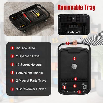 2-in-1 Rolling Tool Tray Height Adjustable Work Table with Detachable Part Tray-Black