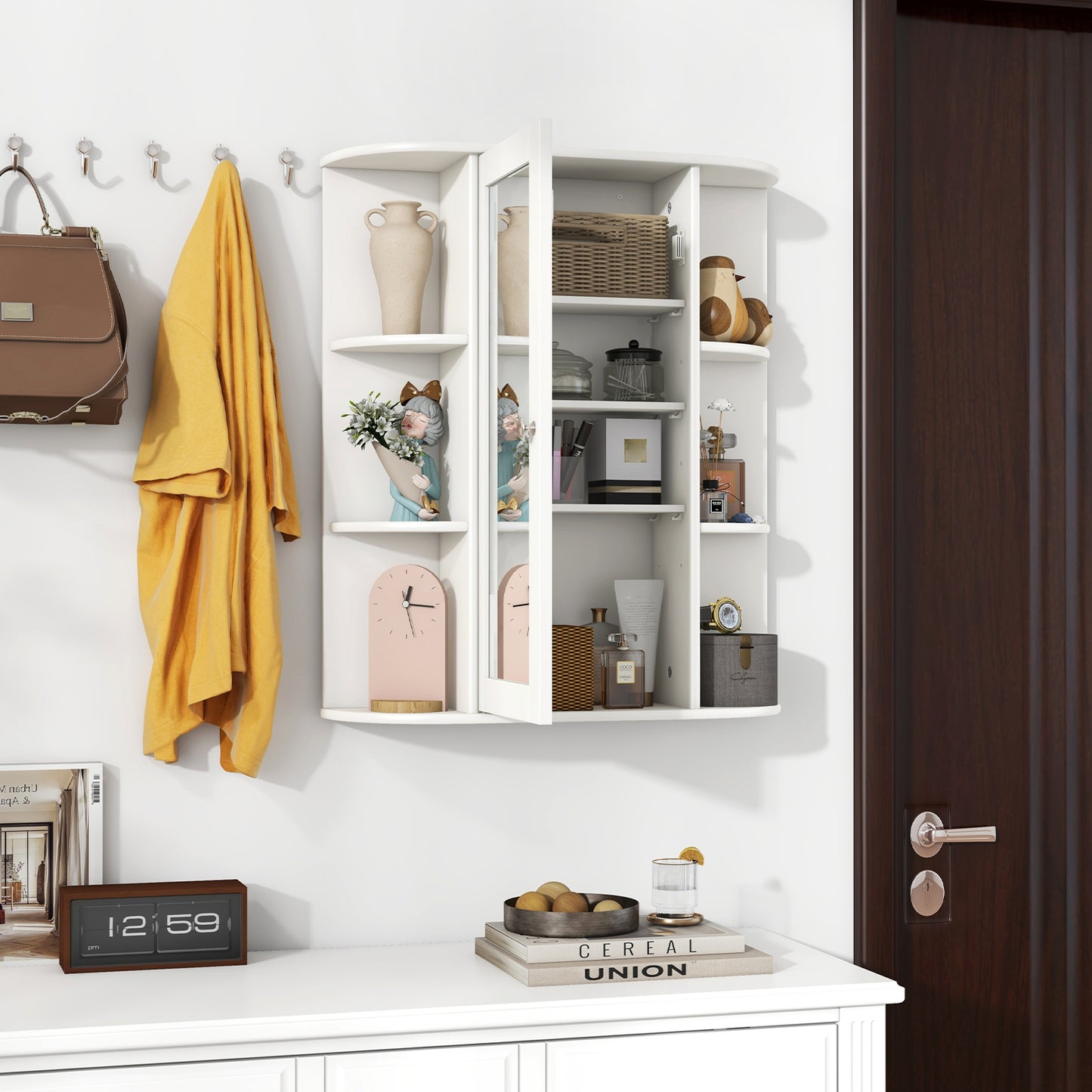 Mirrored Bathroom Medicine Cabinet with Single Mirror Door and Adjustable Shelf-White