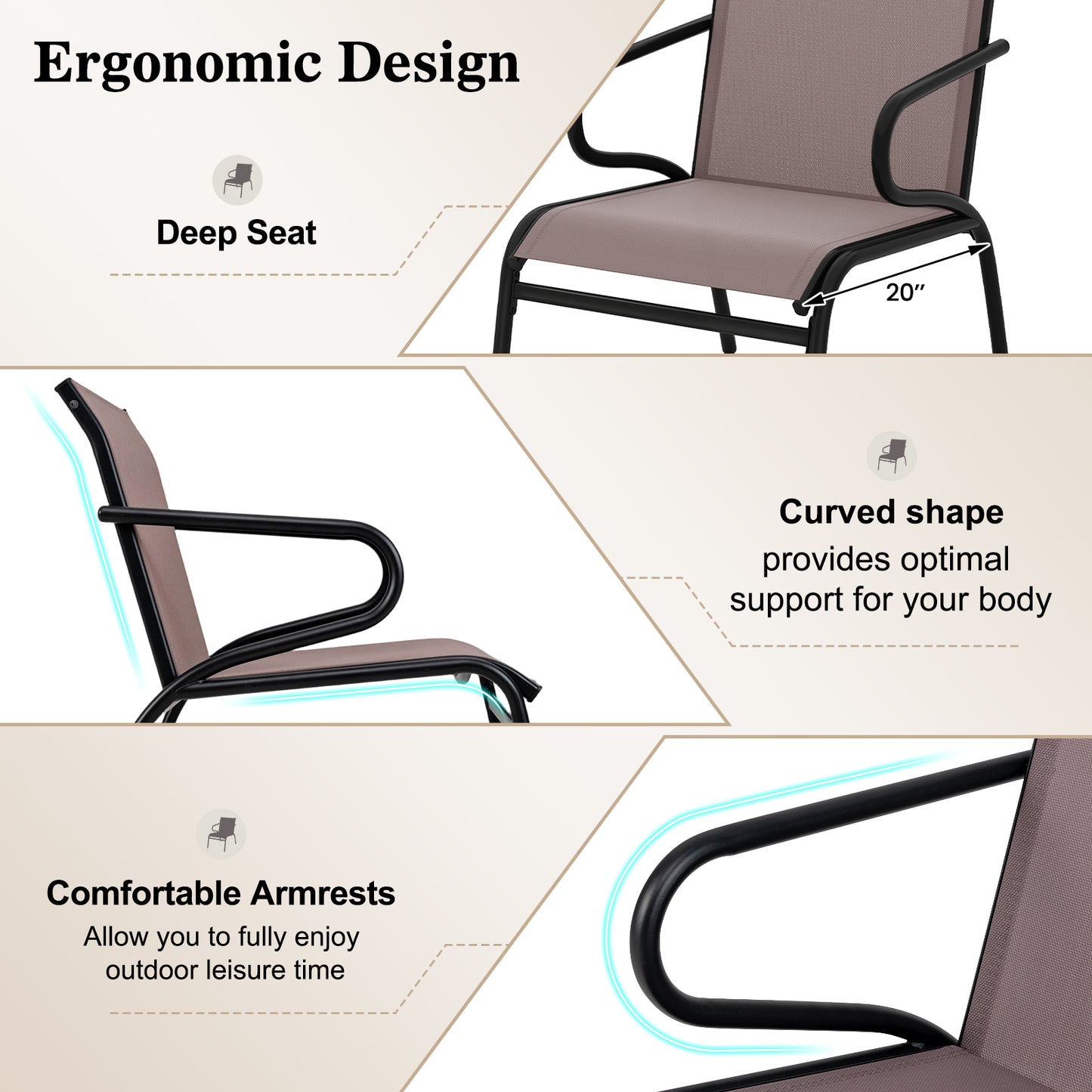 Modern Patio Chairs Set of 2 with Breathable Fabric for Porch-Coffee