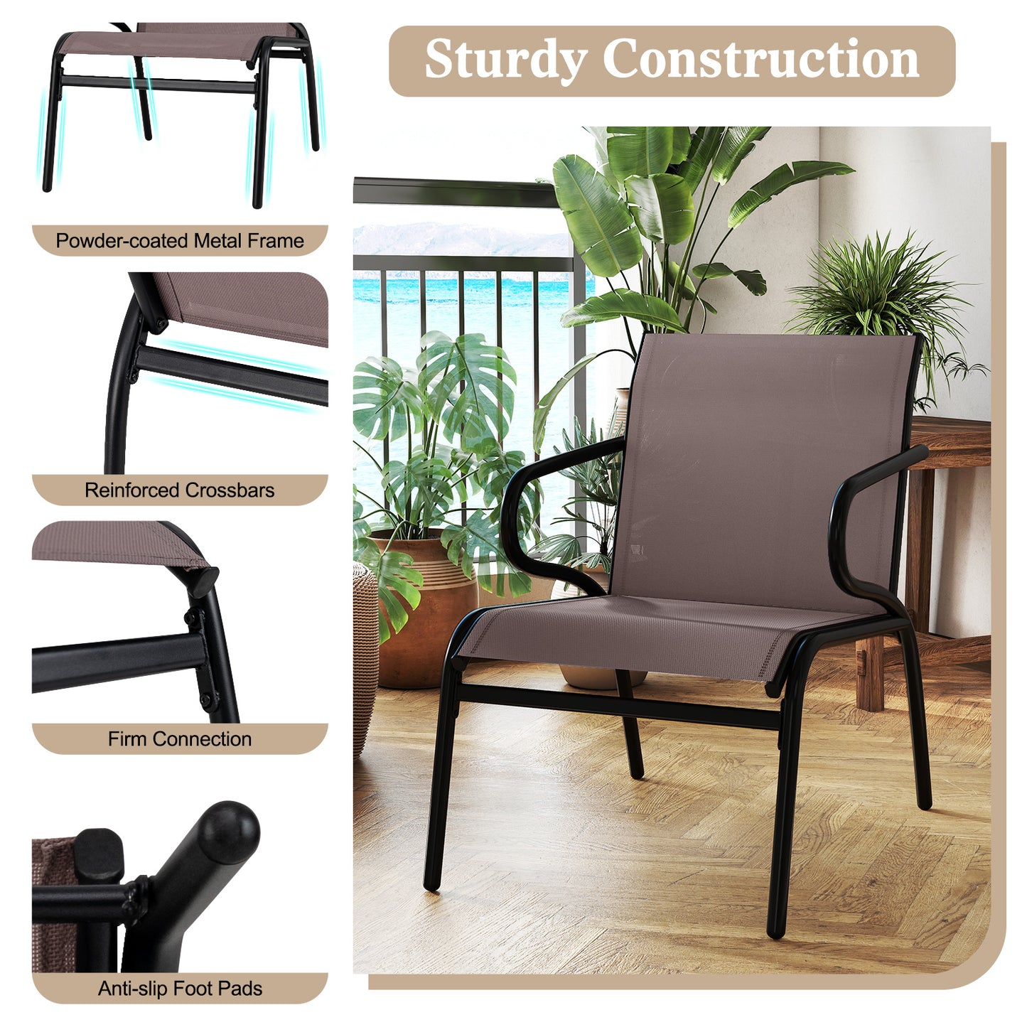 Modern Patio Chairs Set of 2 with Breathable Fabric for Porch-Coffee