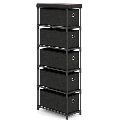Narrow Dresser with 5 Drawers Slim Storage Tower with Metal Frame-Black