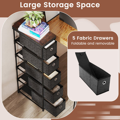 Narrow Dresser with 5 Drawers Slim Storage Tower with Metal Frame-Black