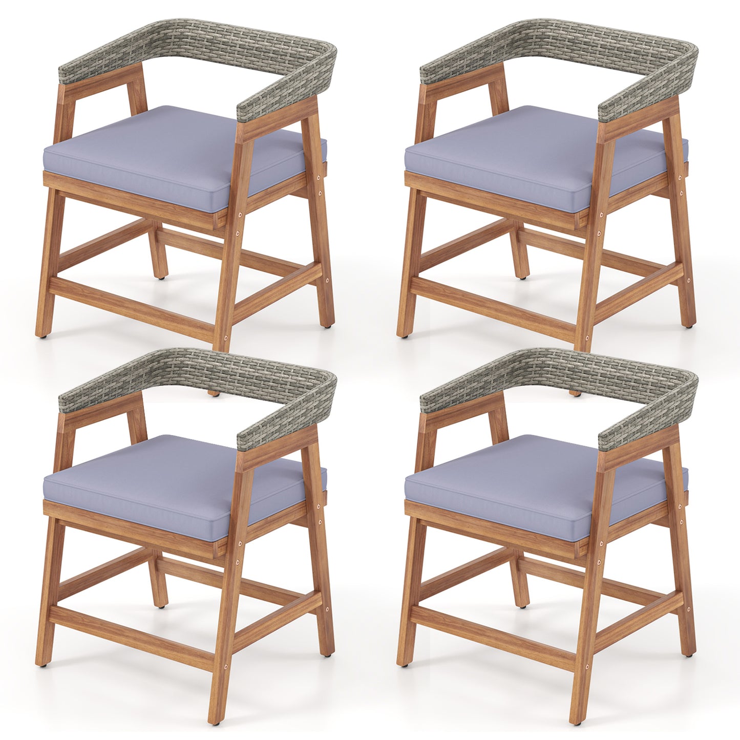 Outdoor Acacia Wood Patio Wicker Dining Chairs Set of 4 with Seat Cushion-Gray