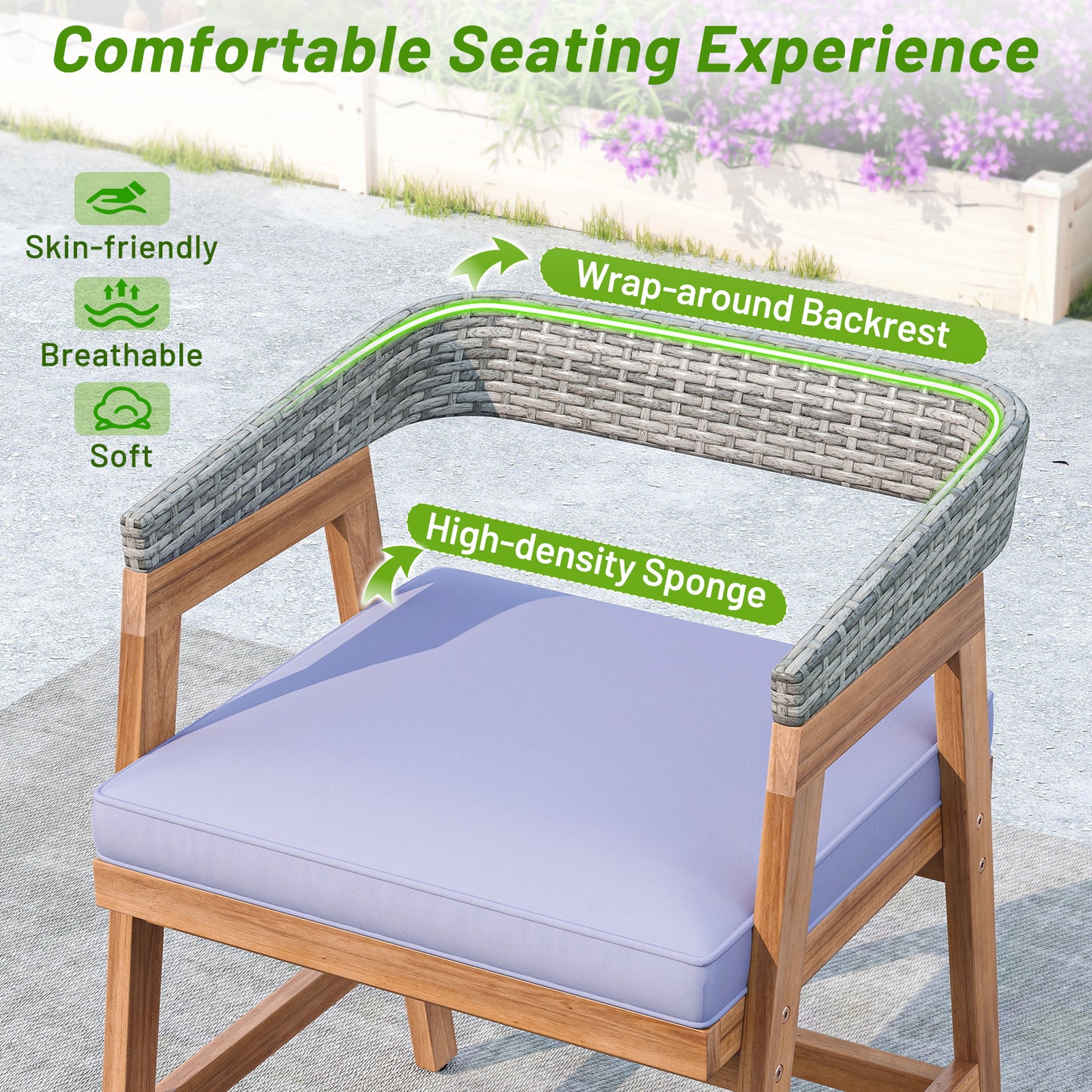 Outdoor Acacia Wood Patio Wicker Dining Chairs Set of 4 with Seat Cushion-Gray