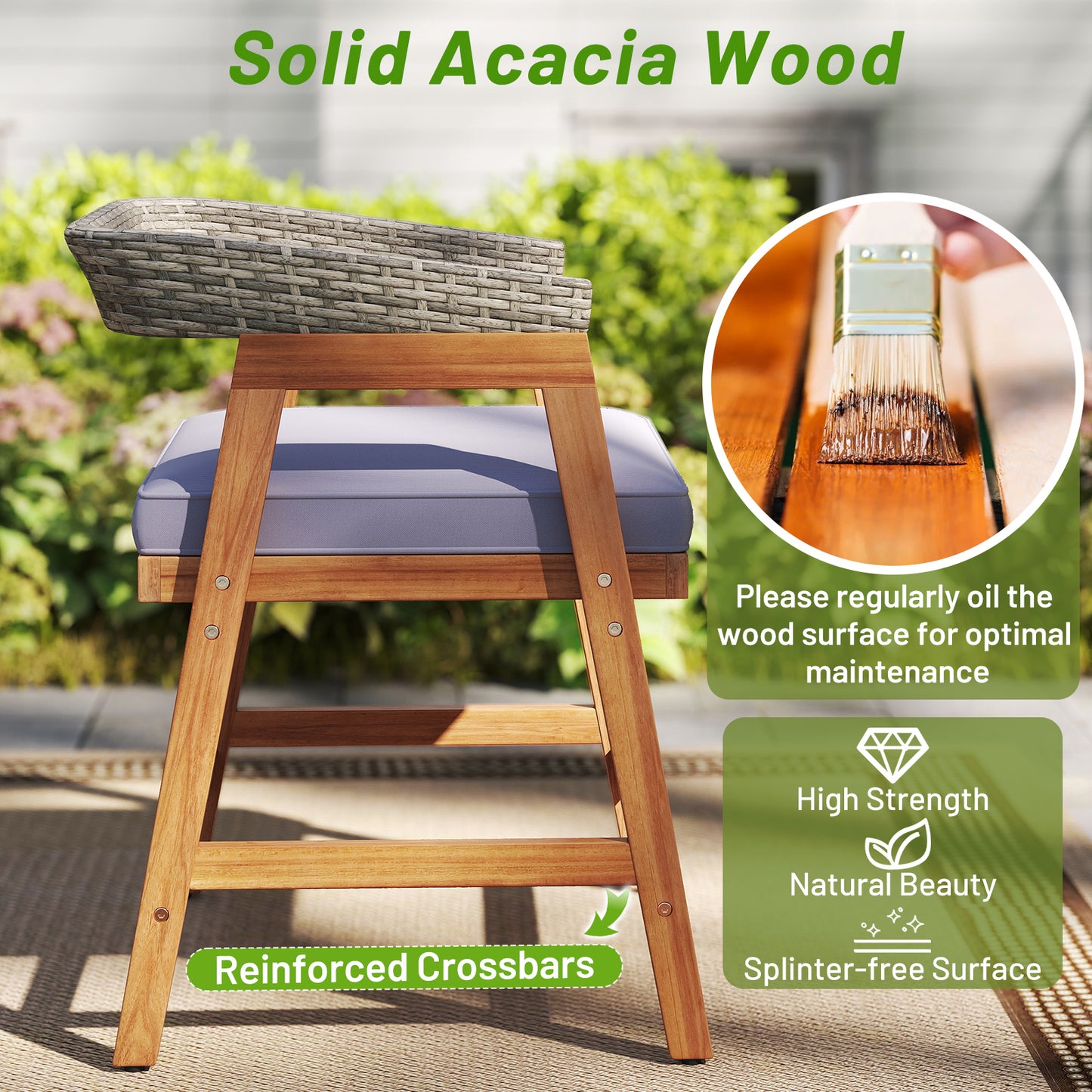 Outdoor Acacia Wood Patio Wicker Dining Chairs Set of 4 with Seat Cushion-Gray