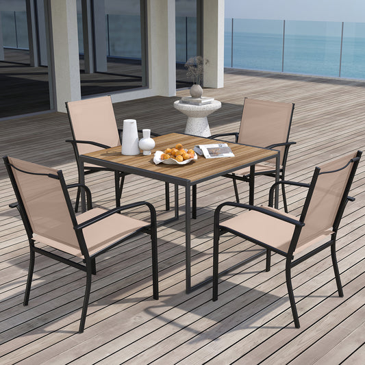 Outdoor Dining Chairs Set of 4 with High Back and Metal Frame-Light Brown
