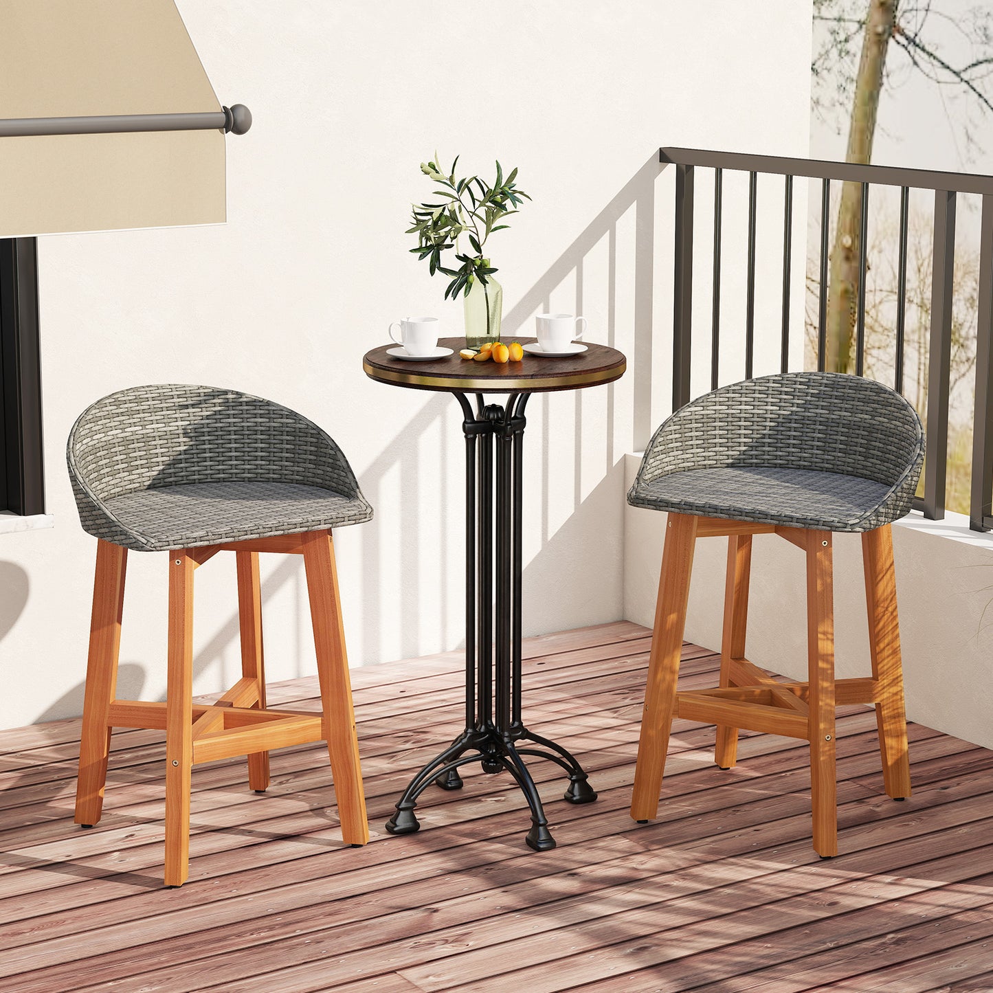 Outdoor Faux Rattan Bar Chairs Set of 2 with Ergonomic Backrests and Footrests-Gray