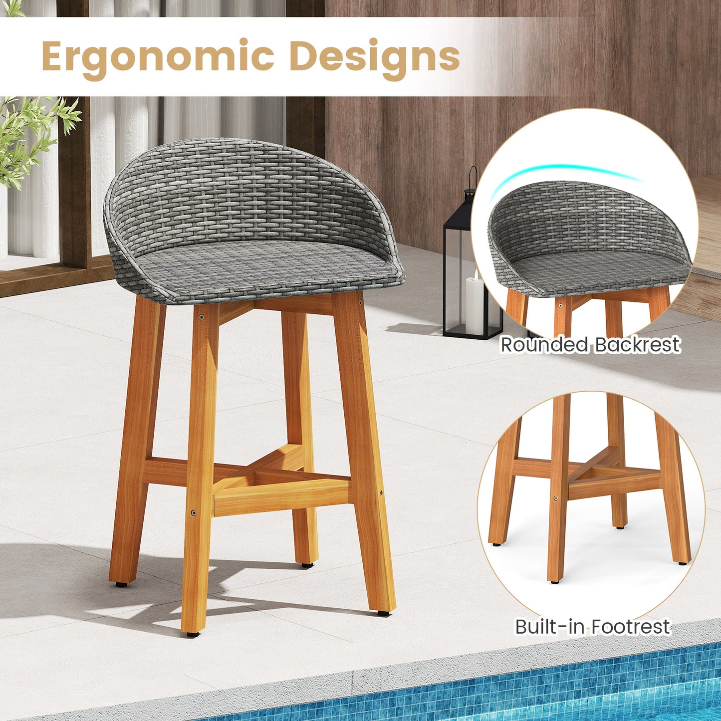 Outdoor Faux Rattan Bar Chairs Set of 2 with Ergonomic Backrests and Footrests-Gray