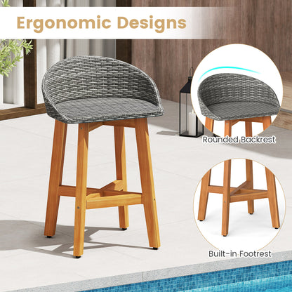 Outdoor Faux Rattan Bar Chairs Set of 2 with Ergonomic Backrests and Footrests-Gray