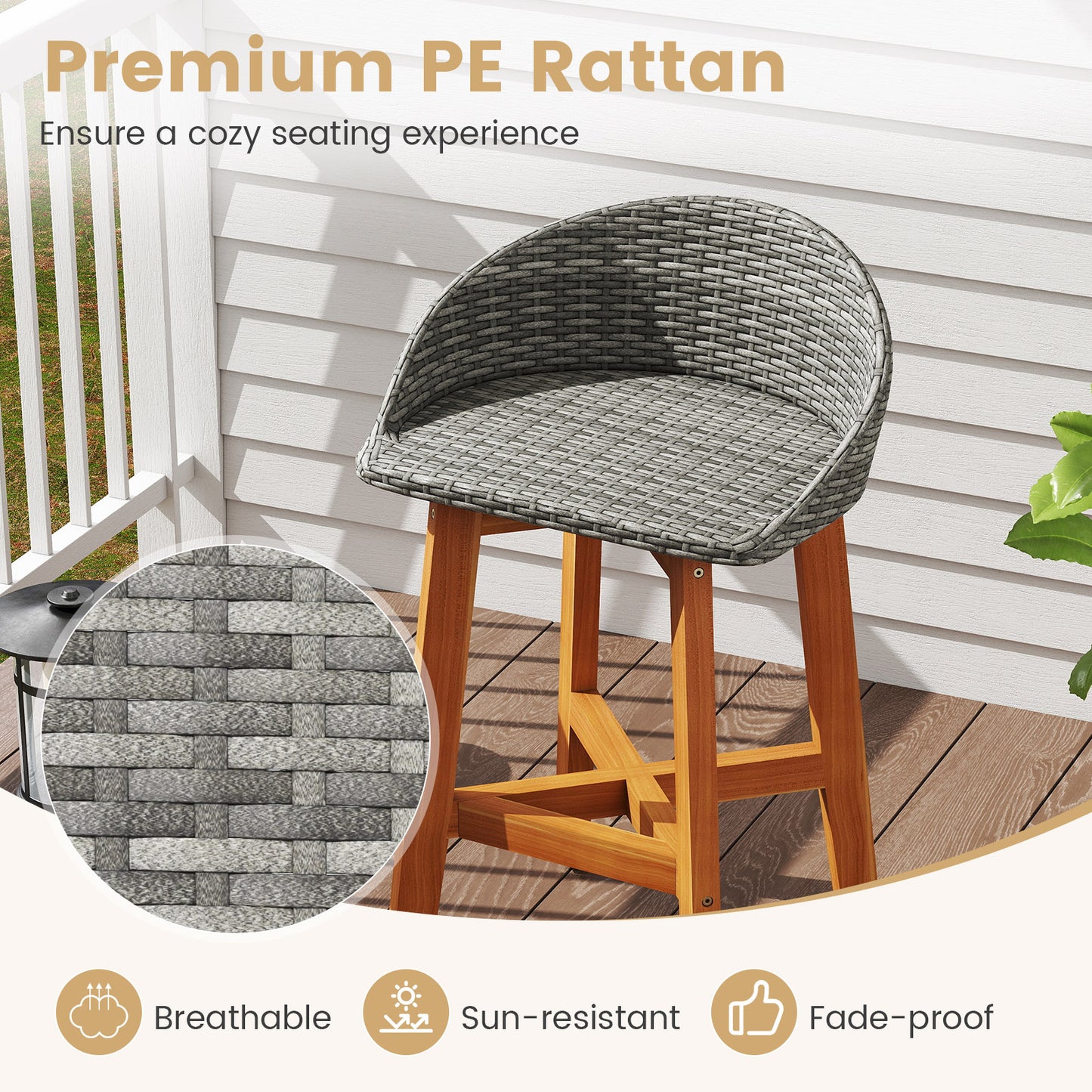 Outdoor Faux Rattan Bar Chairs Set of 2 with Ergonomic Backrests and Footrests-Gray