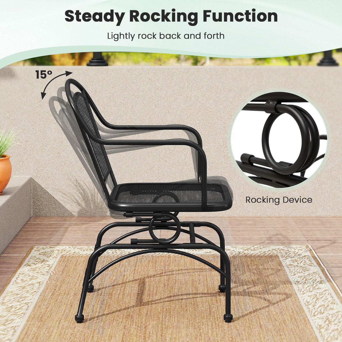 Outdoor Rocking Chair Set of 2 with Mesh Backrest and Seat for Yard-Black