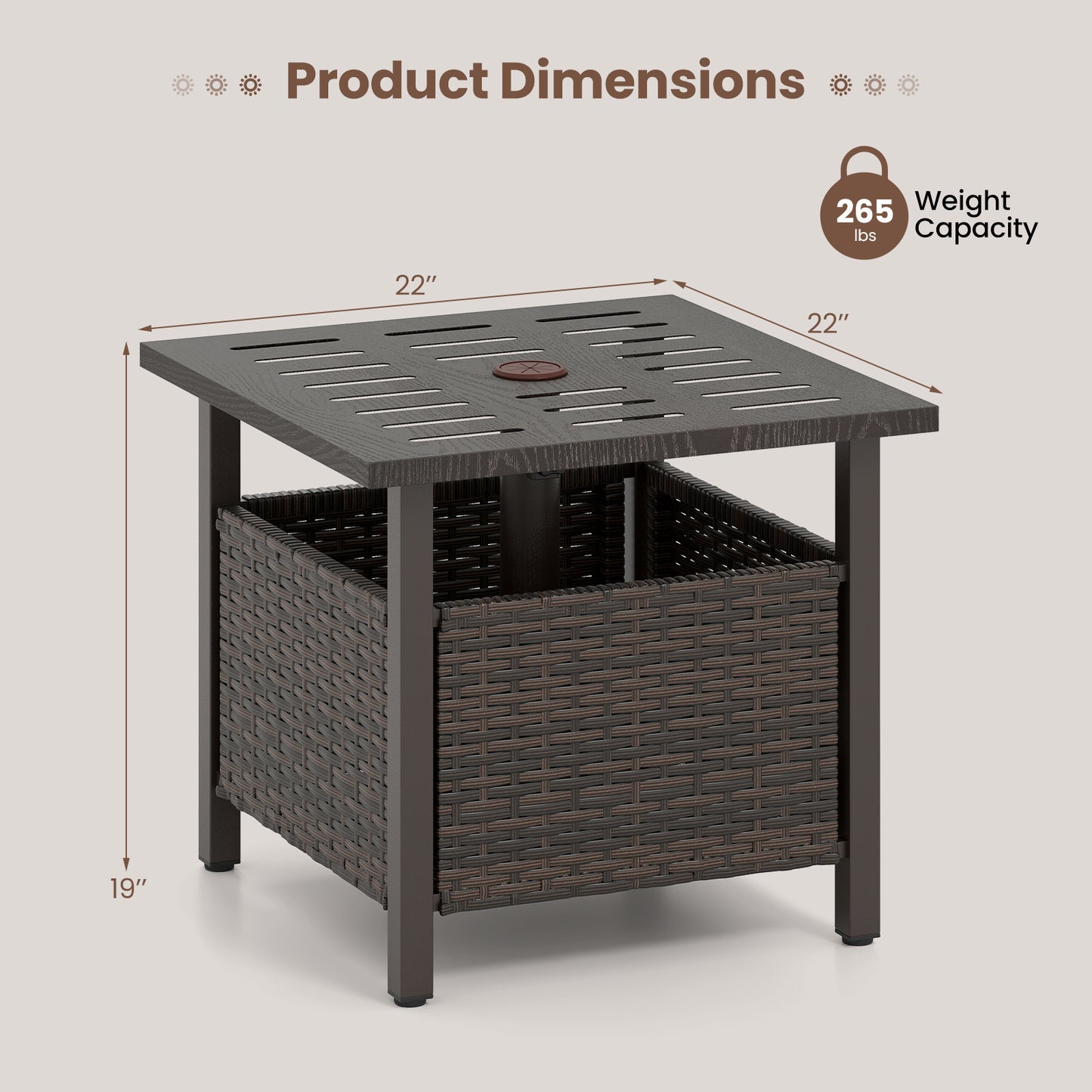 Outdoor Side Table All-Weather PE Wicker Patio Table with Umbrella Hole-Brown