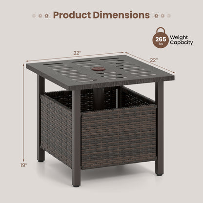 Outdoor Side Table All-Weather PE Wicker Patio Table with Umbrella Hole-Brown