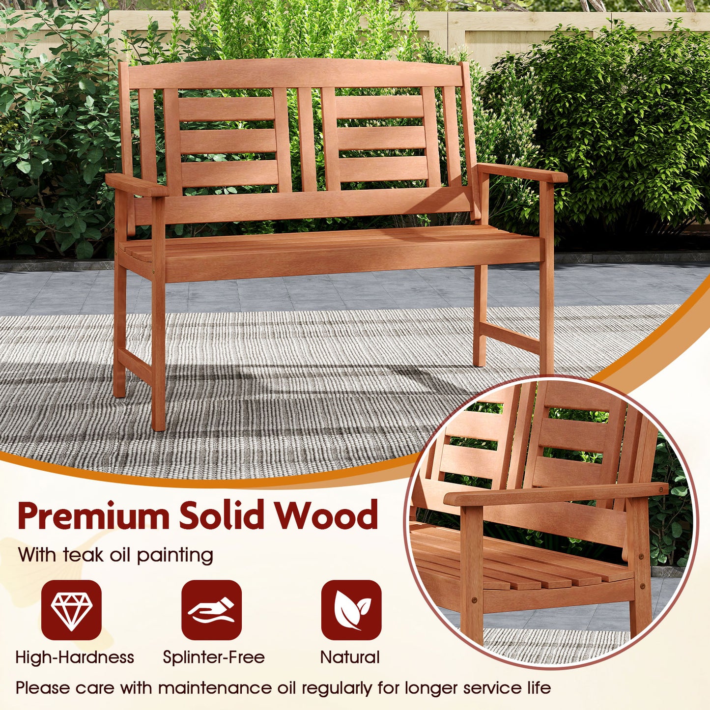 Outdoor Solid Wood Loveseat Hardwood 2-Seat Bench with Inclined Backrest and Slatted Seat