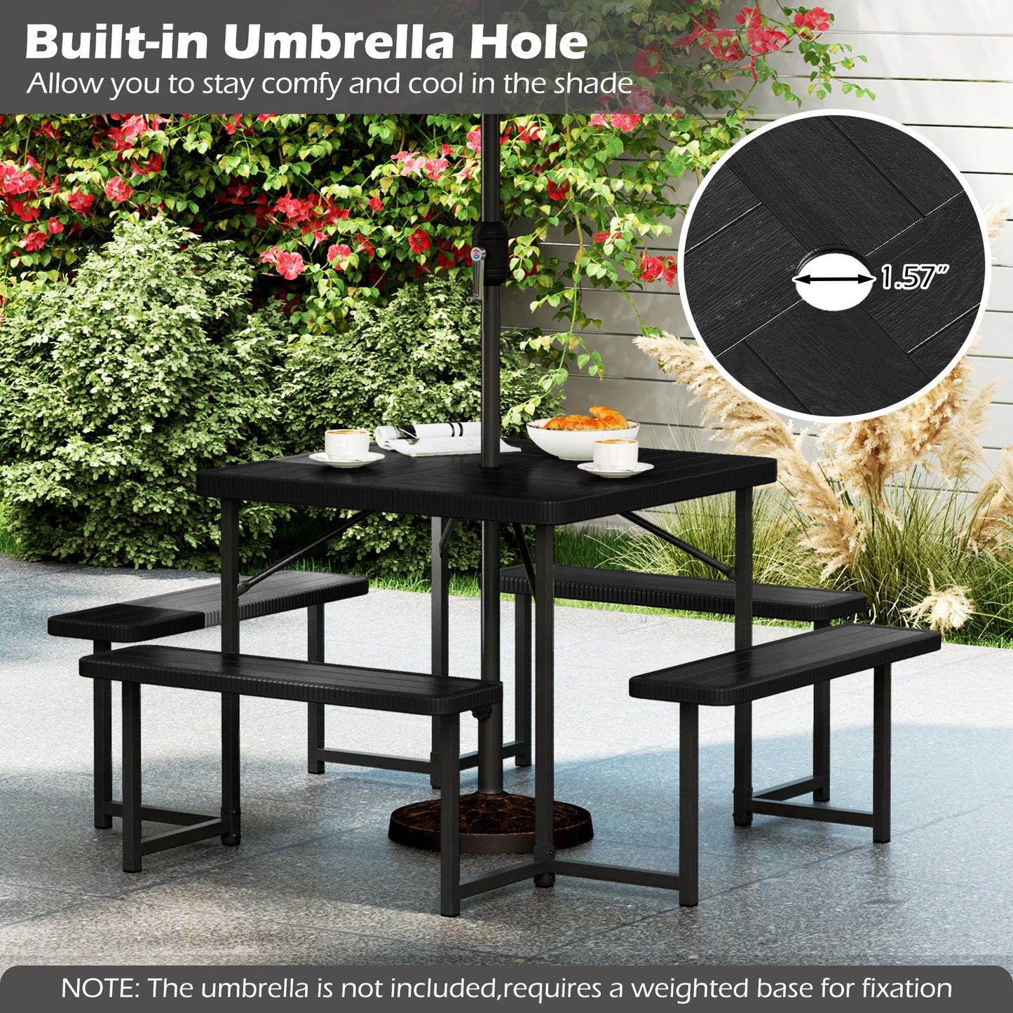 Outdoor Square Picnic Table Bench Set for 4-8 People with Umbrella Hole-Black