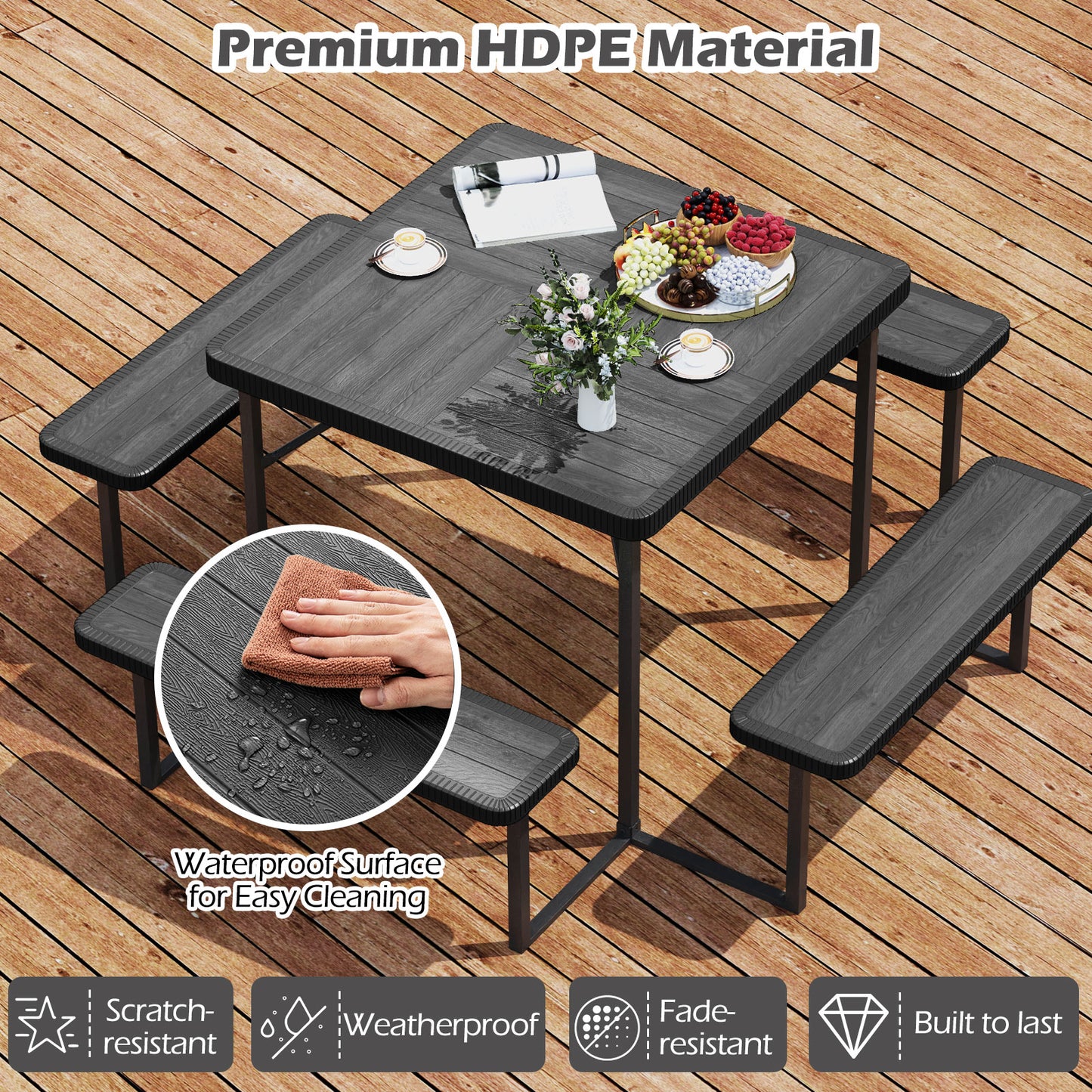 Outdoor Square Picnic Table Bench Set for 4-8 People with Umbrella Hole-Black