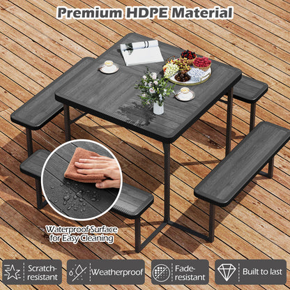 Outdoor Square Picnic Table Bench Set for 4-8 People with Umbrella Hole-Black