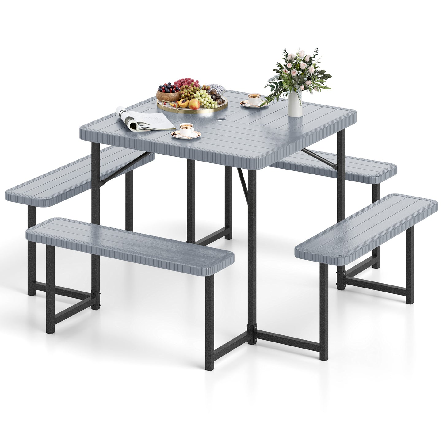 Outdoor Square Picnic Table Bench Set for 4-8 People with Umbrella Hole-Gray