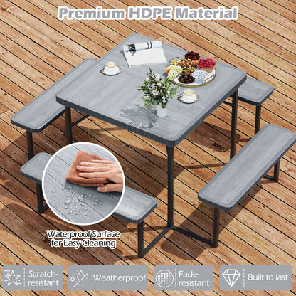 Outdoor Square Picnic Table Bench Set for 4-8 People with Umbrella Hole-Gray