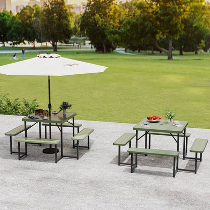 Outdoor Square Picnic Table Bench Set for 4-8 People with Umbrella Hole-Green