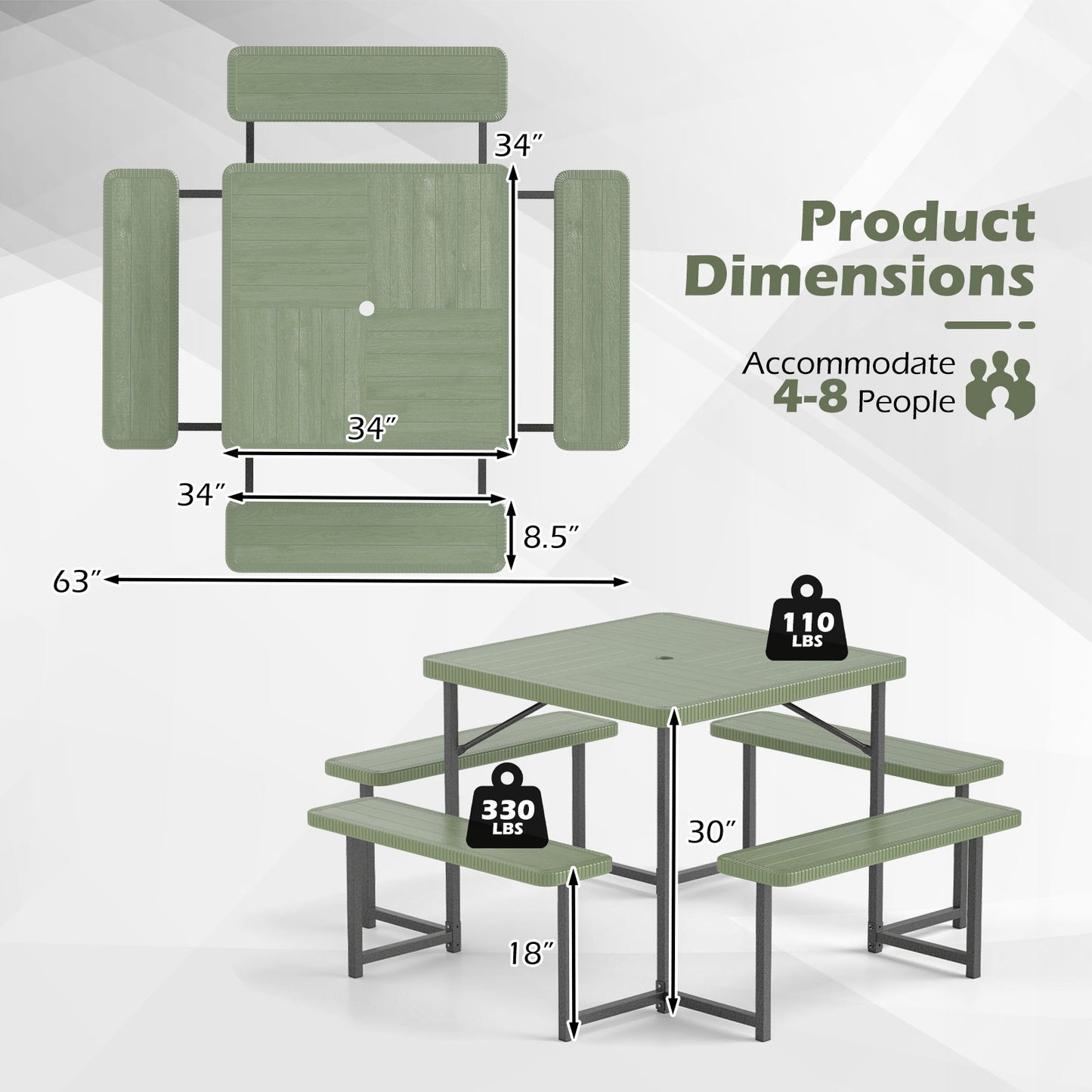Outdoor Square Picnic Table Bench Set for 4-8 People with Umbrella Hole-Green