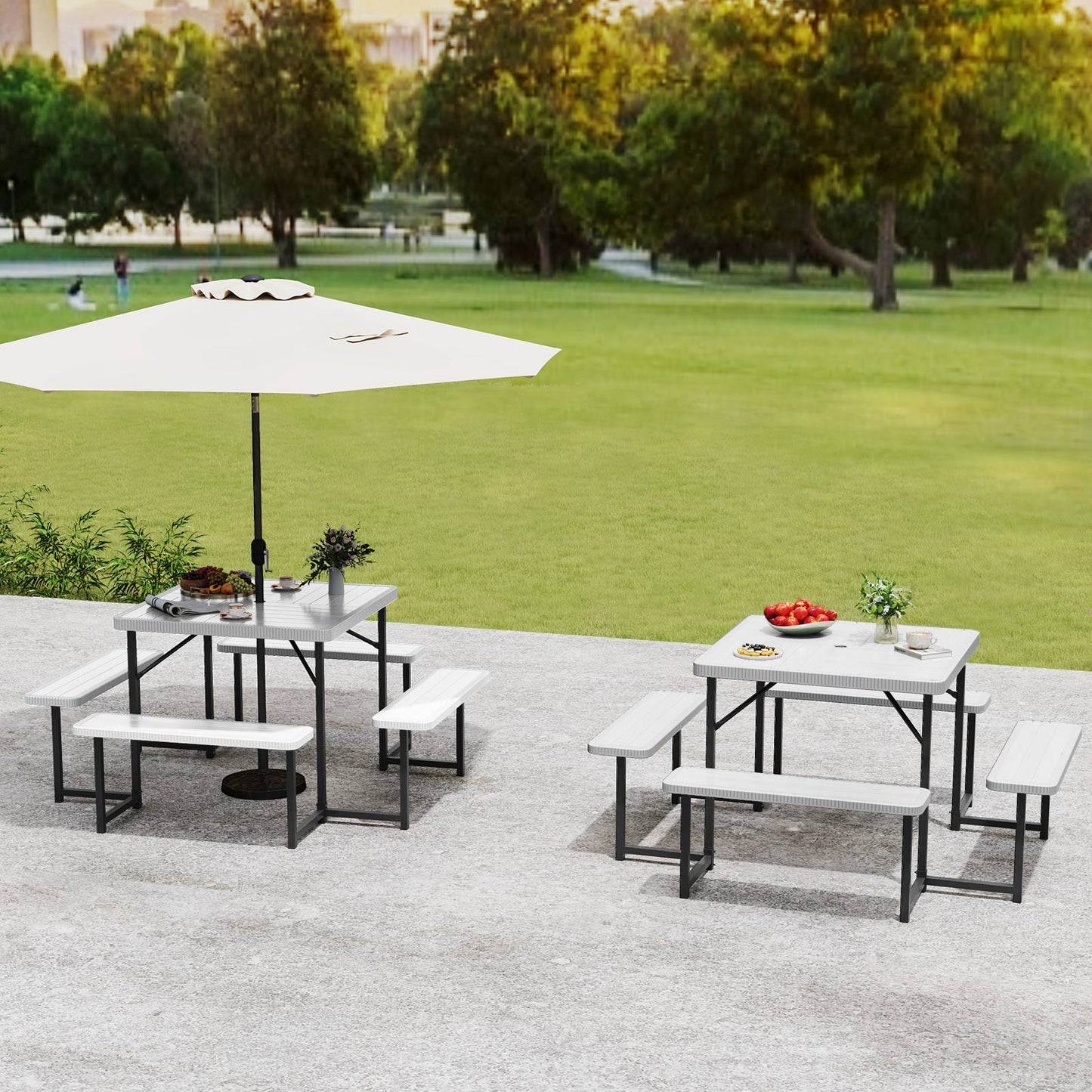 Outdoor Square Picnic Table Bench Set for 4-8 People with Umbrella Hole-White