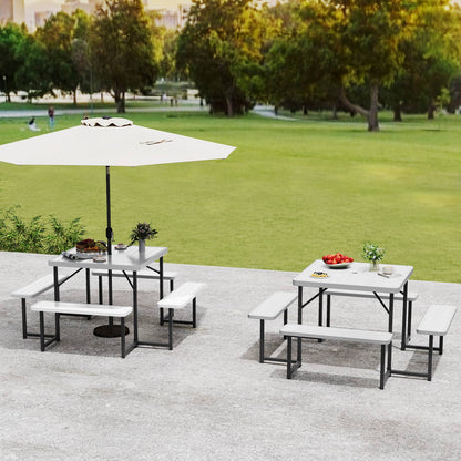 Outdoor Square Picnic Table Bench Set for 4-8 People with Umbrella Hole-White