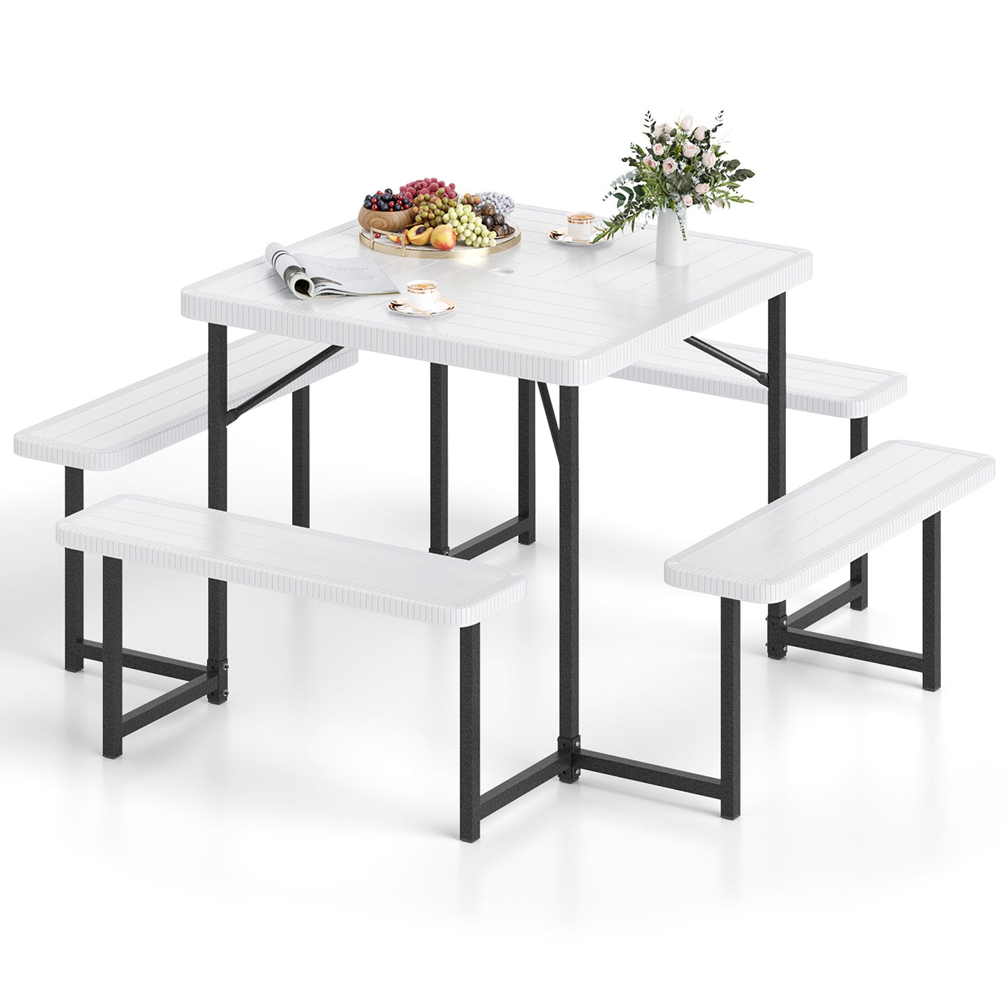 Outdoor Square Picnic Table Bench Set for 4-8 People with Umbrella Hole-White