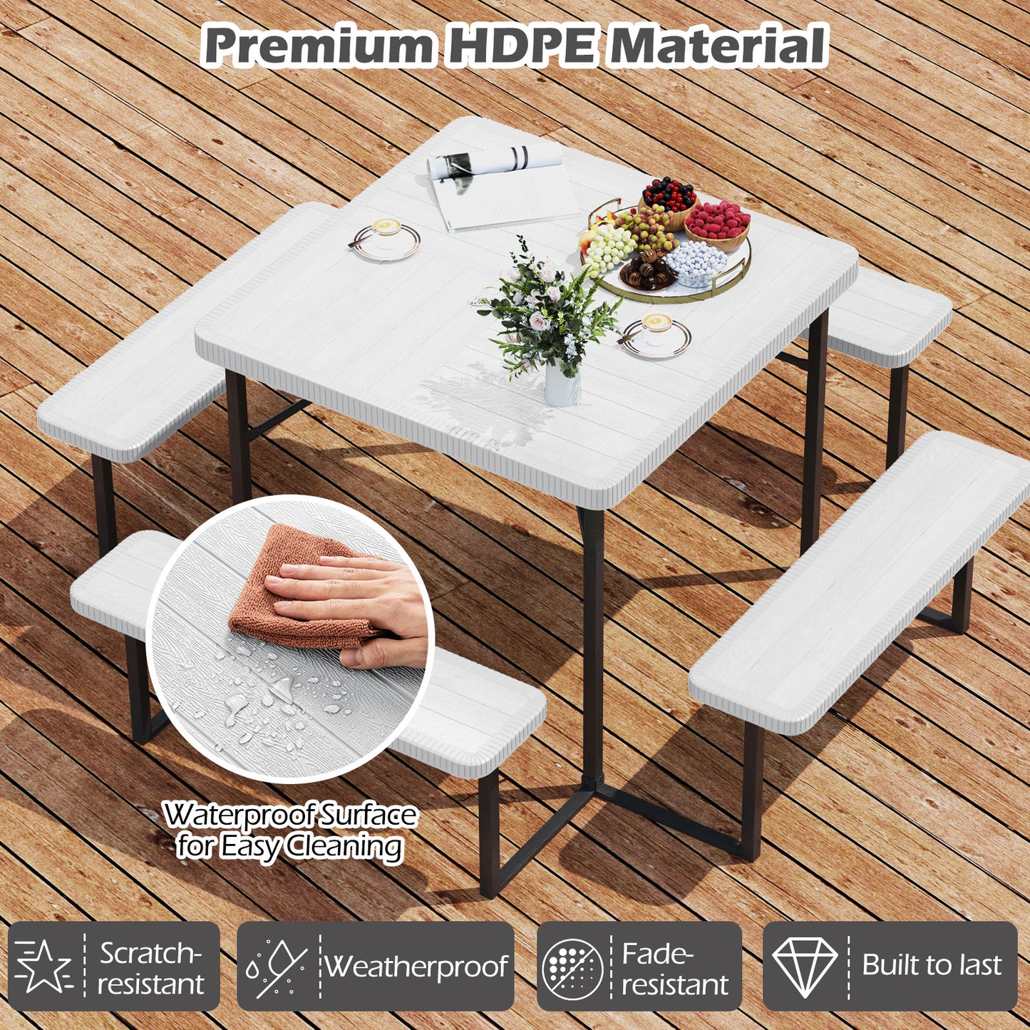 Outdoor Square Picnic Table Bench Set for 4-8 People with Umbrella Hole-White