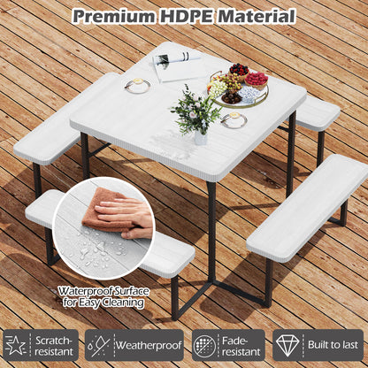 Outdoor Square Picnic Table Bench Set for 4-8 People with Umbrella Hole-White