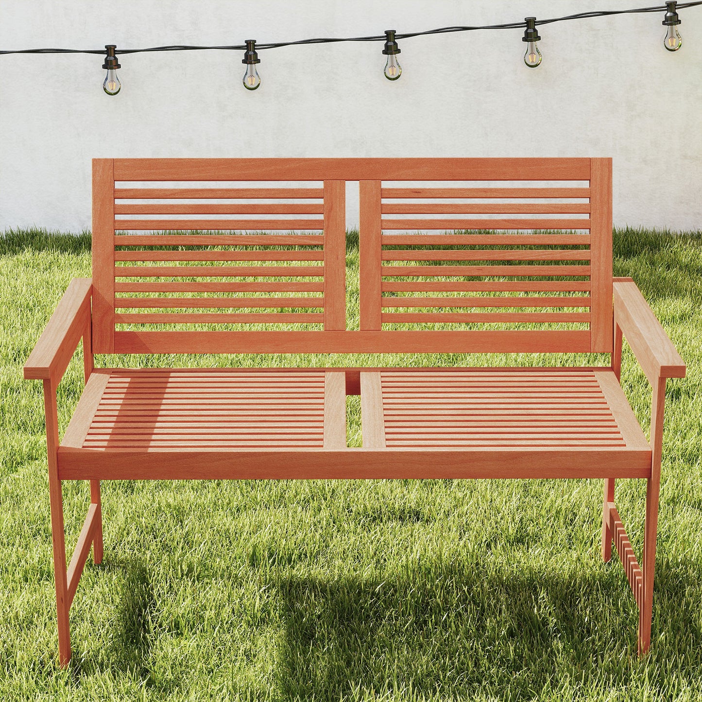 Outdoor Wooden Bench 2-Person Patio Bench with Slatted Backrest and Seat