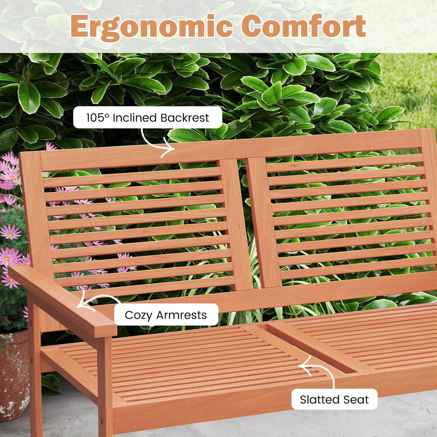 Outdoor Wooden Bench 2-Person Patio Bench with Slatted Backrest and Seat