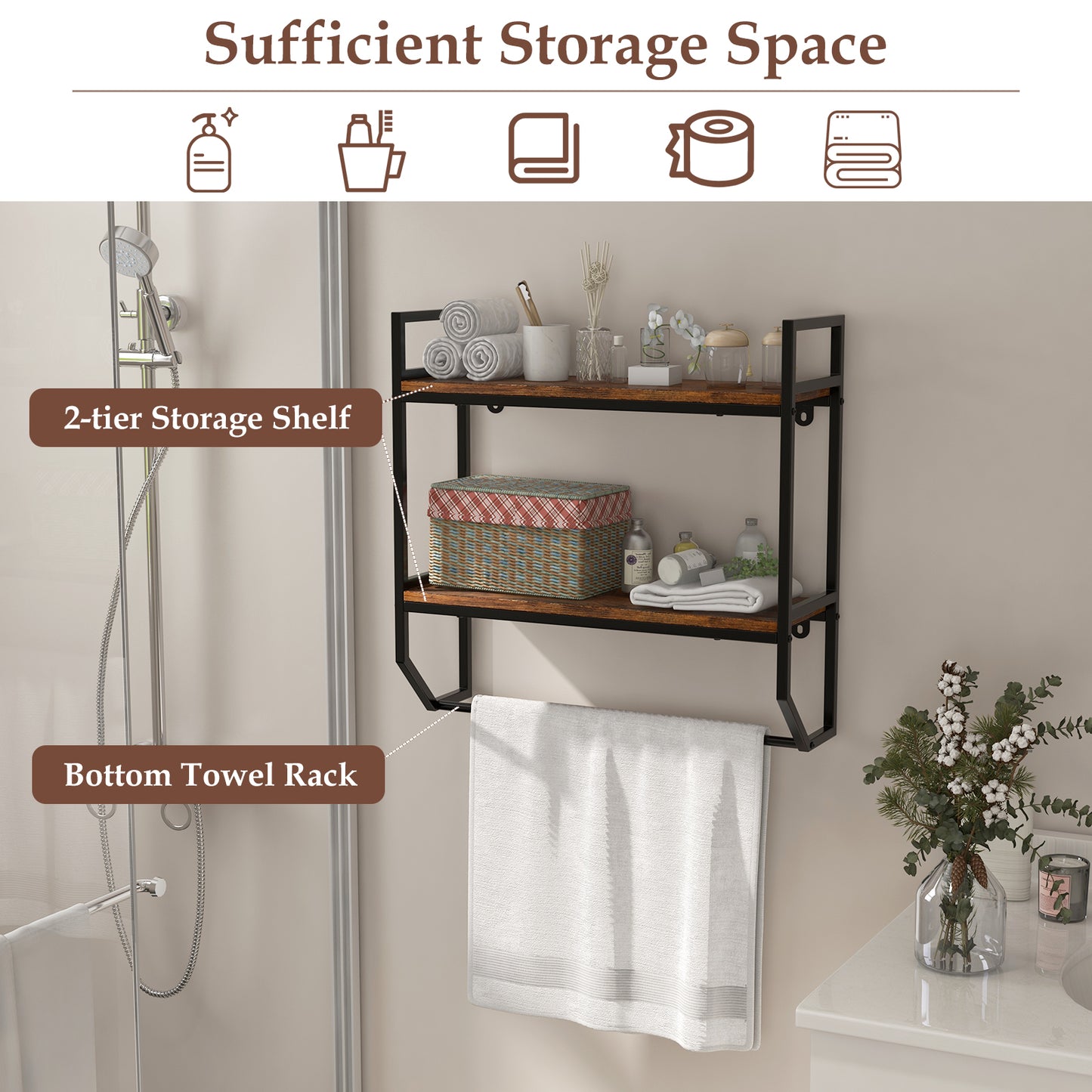Over the Toilet Shelf Wall Mounted with Metal Frame for Bathroom