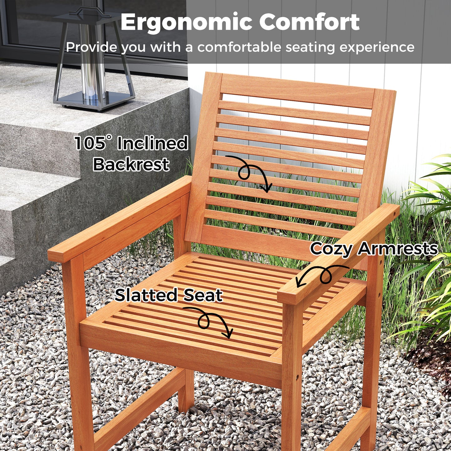 Patio Chairs Set of 2 with Inclined Backrests and Slatted Seats