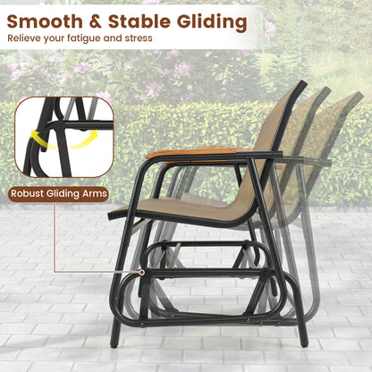 Patio Glider Bench with Curved Teak Armrests and Breathable Fabric Seat for 2 People-Brown