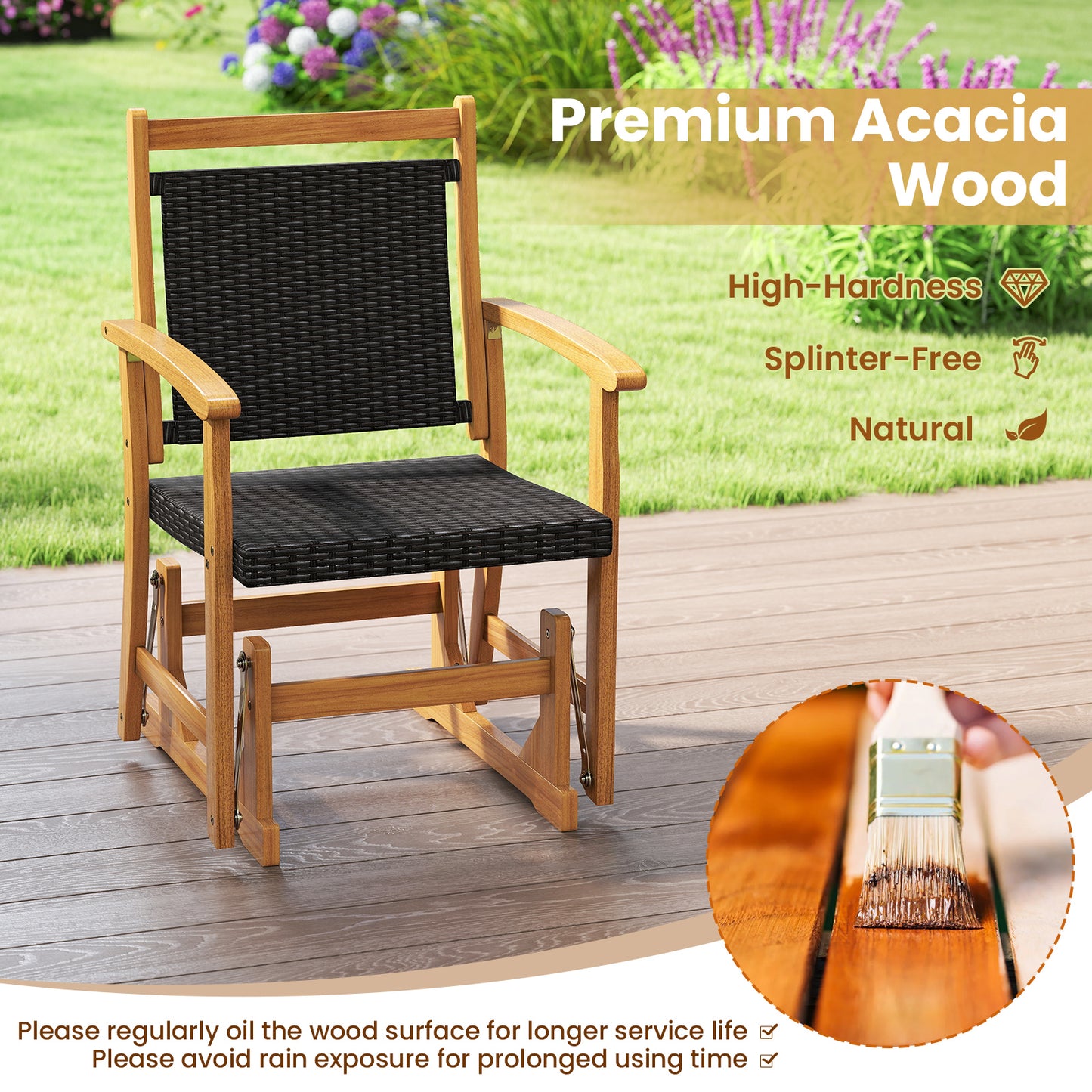 Patio Rattan Glider Chair with Acacia Wood Frame and Wicker Seat Back