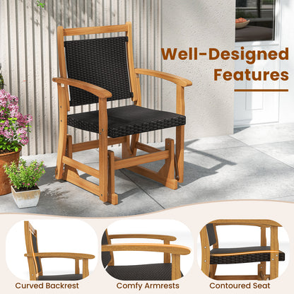 Patio Rattan Glider Chair with Acacia Wood Frame and Wicker Seat Back