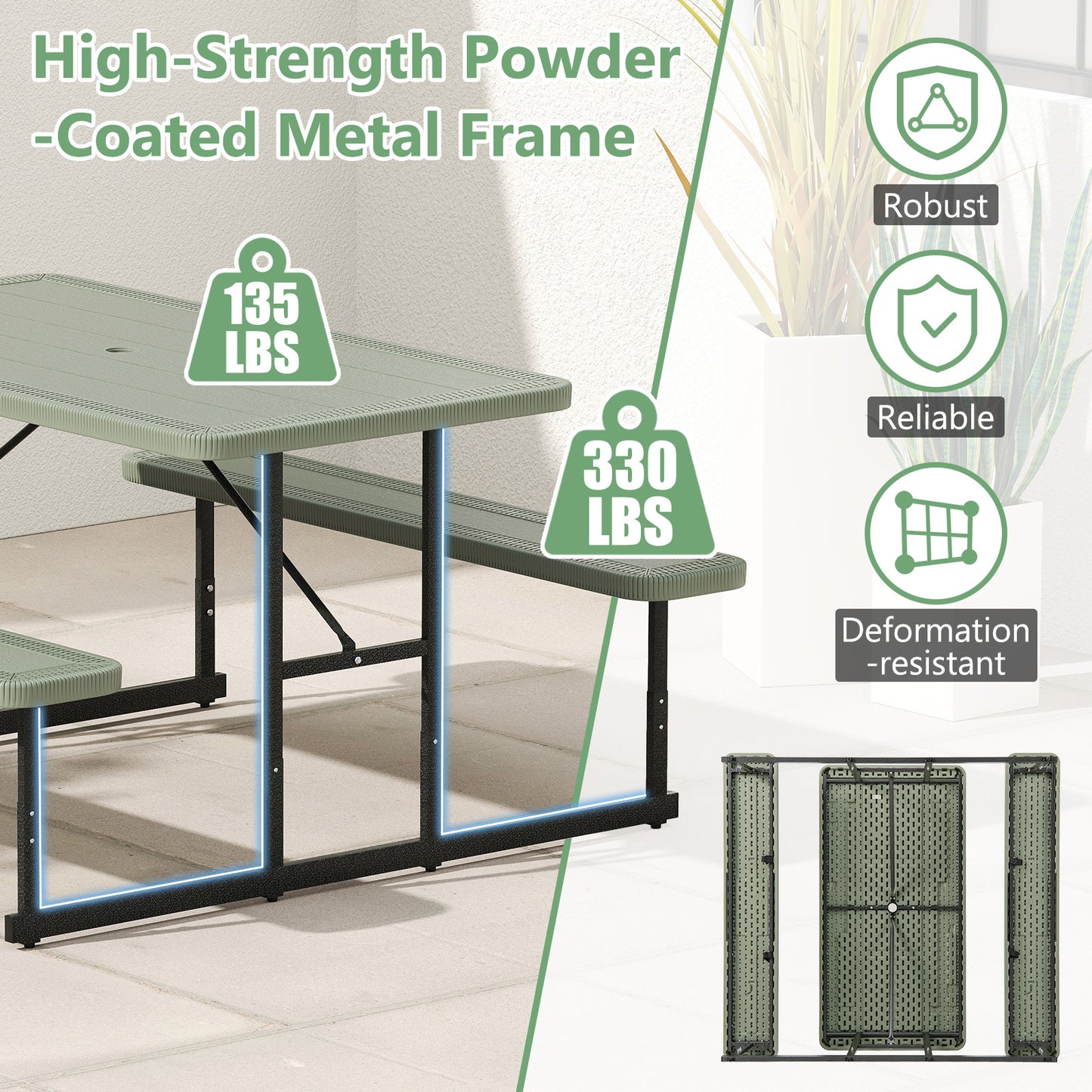 Picnic Table Bench Set for 2-4 People Outdoor Rectangular Camping Dining Table-Green