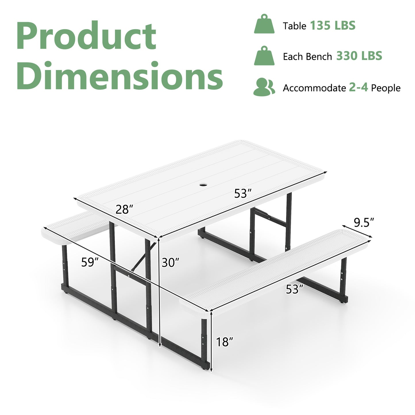 Picnic Table Bench Set for 2-4 People Outdoor Rectangular Camping Dining Table-White