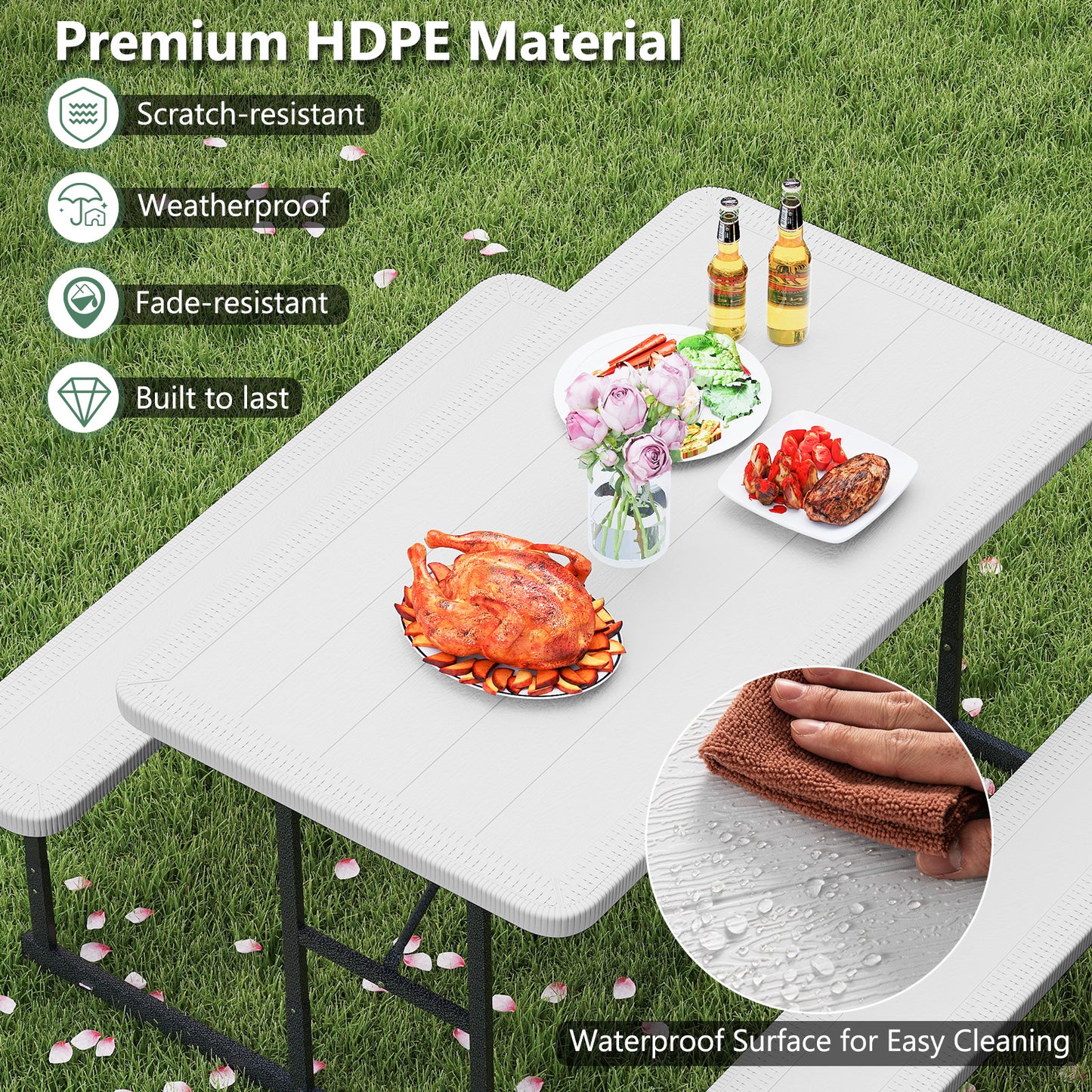 Picnic Table Bench Set for 2-4 People Outdoor Rectangular Camping Dining Table-White