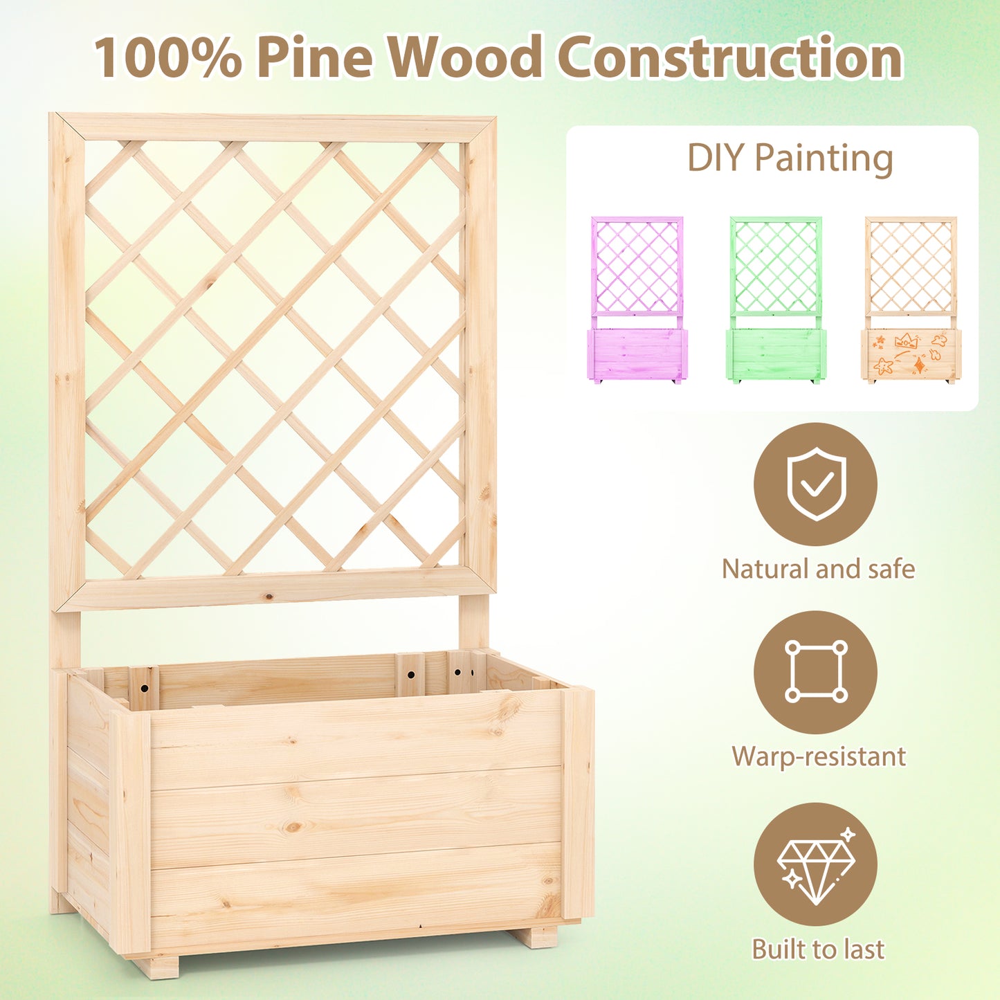 Raised Garden Bed Wooden Elevated Planter Box with Lattice Trellis-S