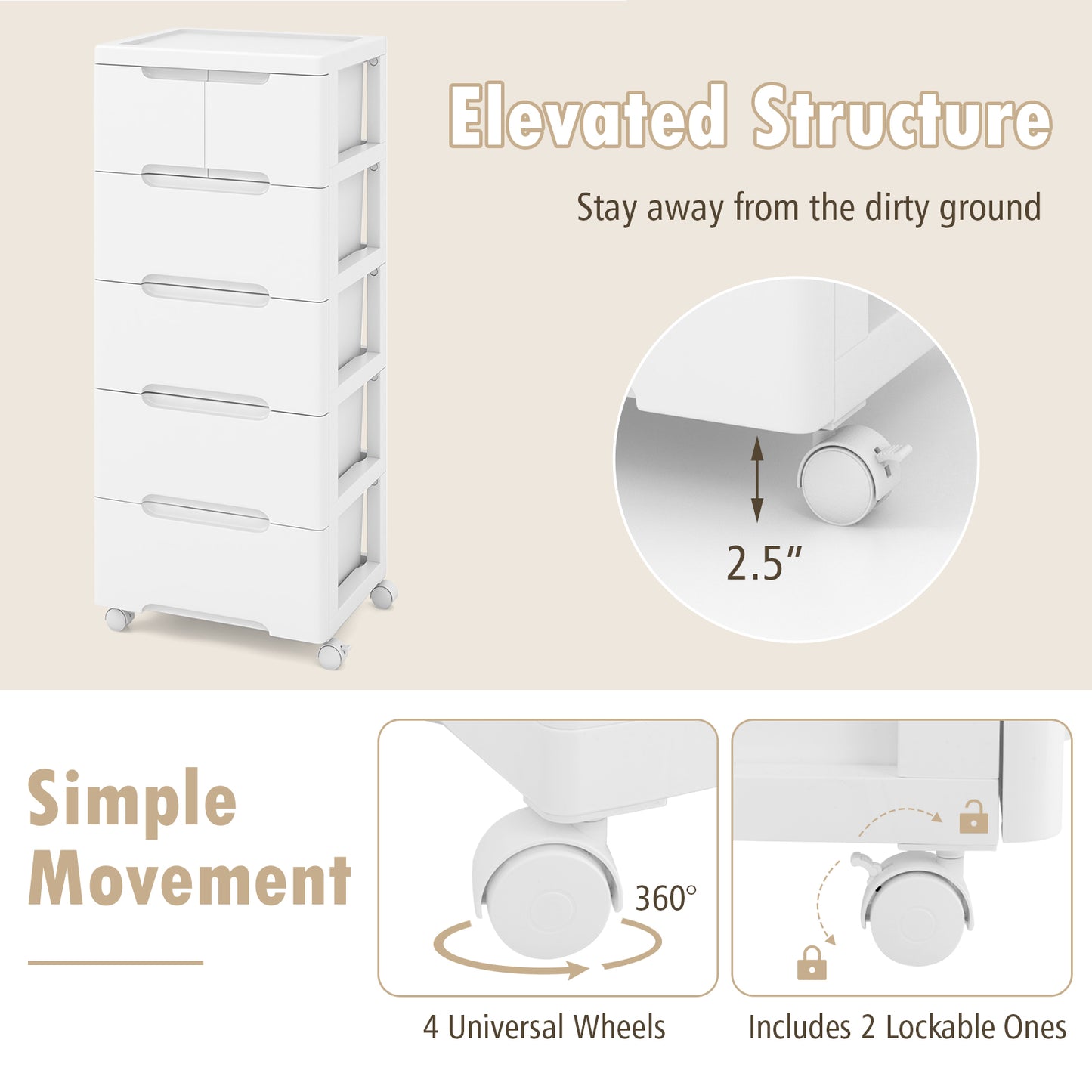 Rolling Storage Cabinet with Universal Wheels and 5/6/7 Drawers-6-Drawer