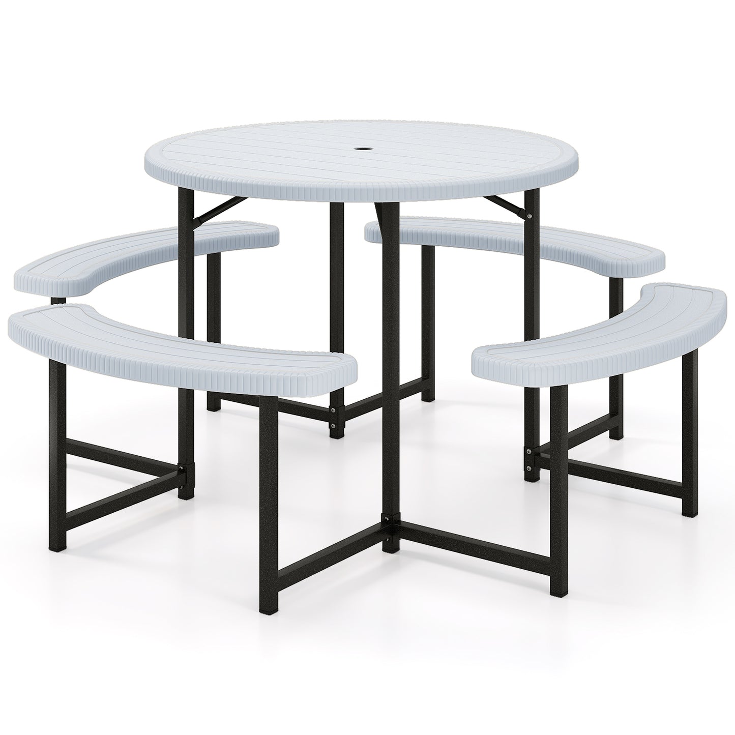 Round Picnic Table Bench Set with 4 Benches and Umbrella Hole for Patio Lawn-White