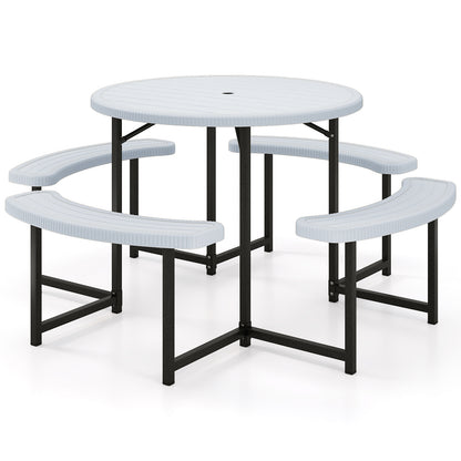 Round Picnic Table Bench Set with 4 Benches and Umbrella Hole for Patio Lawn-White