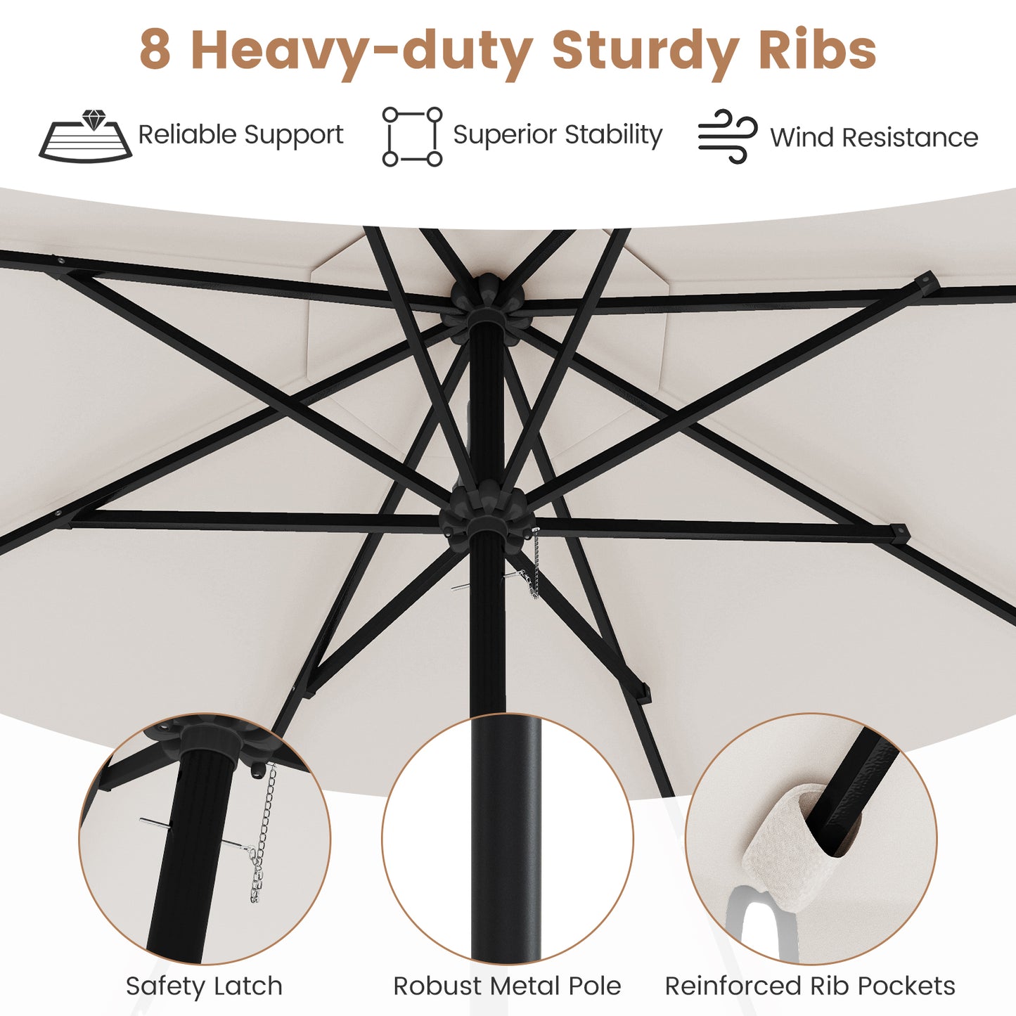 9.3 Feet Solar Patio Umbrella with 24 LED Lights Vented Top and Ruffles-Beige