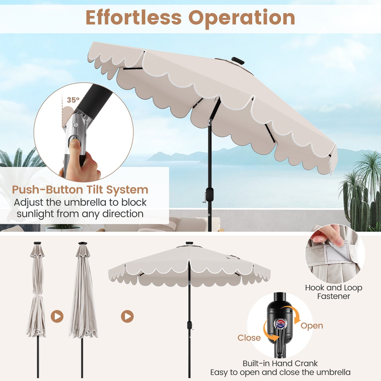 9.3 Feet Solar Patio Umbrella with 24 LED Lights Vented Top and Ruffles-Beige