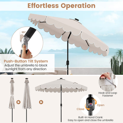 9.3 Feet Solar Patio Umbrella with 24 LED Lights Vented Top and Ruffles-Beige