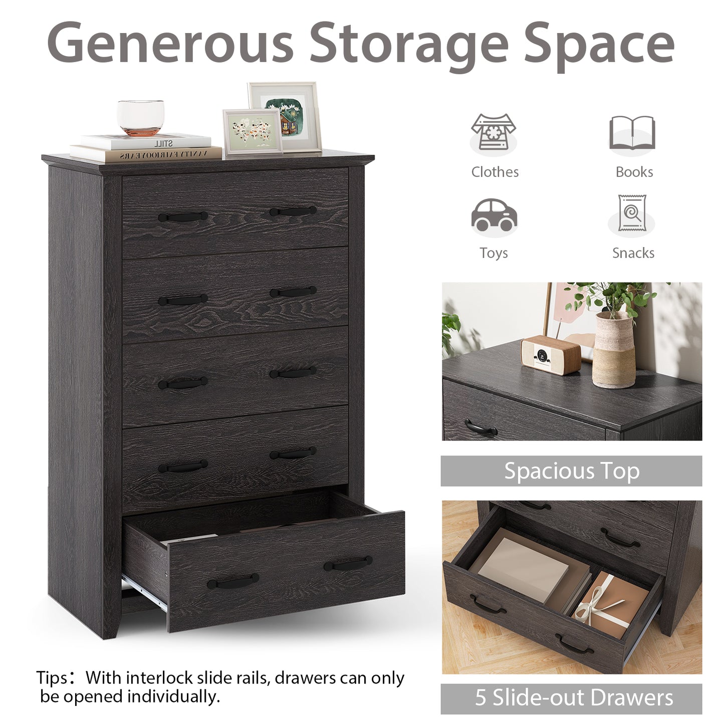Tall Storage Dresser with 5 Pull-out Drawers for Bedroom Living Room-Gray