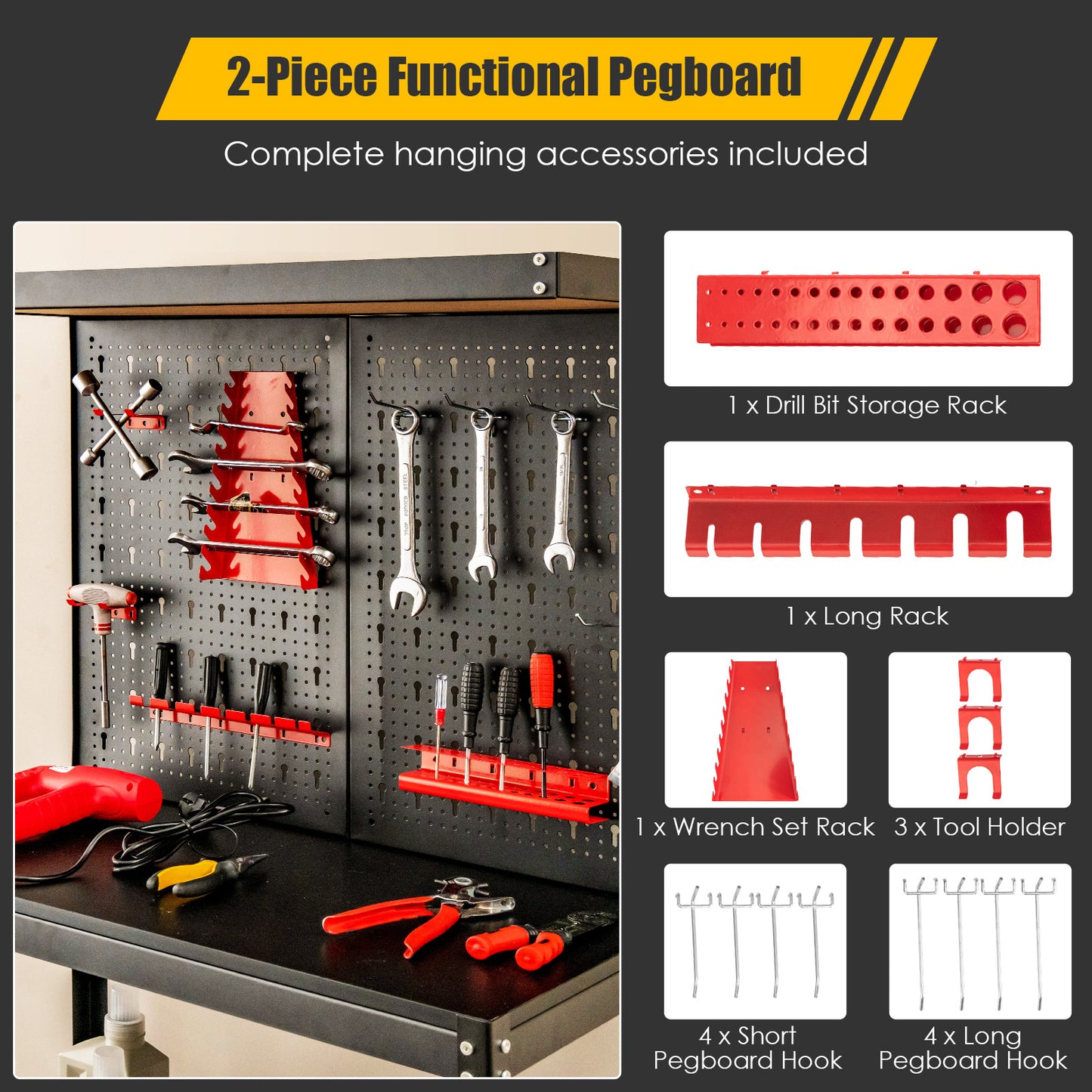 Tool Storage Workbench with Peg Board 2 Lower Shelves 14 Hanging Accessories-Black