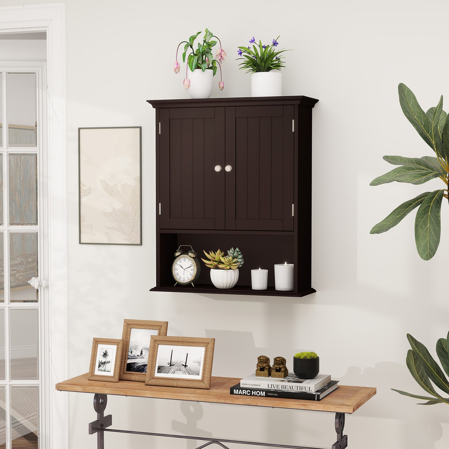 Wall Mount Bathroom Cabinet Storage Organizer with Doors and Shelves-Brown